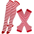 Red and white striped over-knee high socks and fingerless arm warmer set for cosplay - One Size / Red & White Thin Stripes