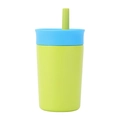 Mini 304 stainless steel coffee tumbler with lime green body and textured blue straw lid - 12oz / Straw Style / Green