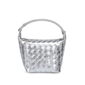 Silver woven leather handbag with metallic finish and gold buckle hardware detail - Silver