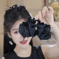 Elegant large black feather hair claw clip with velvet bow decoration for women - Black Feather Sequin Hair Claw / 040 Satin Gypsophila