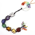 Seven chakra tree of life car hanging with polished natural crystals and braided rope - Silver Slanted Tree Woven Pendant