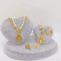 Golden jewelry set featuring tree of life charms with white pearls on a heart stand - Tree of Life Style