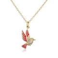 Detalle de collar con colgante de pájaro dorado, esmalte rojo y piedras de circonita - Pájaro Rojo