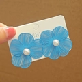 Detailed view of light blue flower earrings with textured petals and pearl center - No.88 Lake Blue Hollow Flower (XXX6721-1)