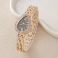 Fashionable water-drop quartz watch for women with rose gold snake-style chain strap - Black