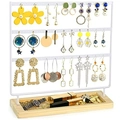 Three-tier white metal earring organizer with a natural wooden base for jewelry display - Slotted 69 Holes White