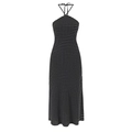 Elegant halter neck backless long dress with white polka dots on black fabric - S / Black White Polka Dot