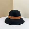 French vintage black wool cloche hat with elegant brown ribbon trim and textured finish - Black Hat with Khaki Ribbon