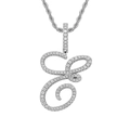 Macro view of cursive letter E pendant with pavé set cubic zirconia and rope chain - Letter E / Silver (Pendant Only)
