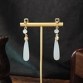 New Chinese style long tassel pearl drop earrings with elegant golden leaf accents - E5574-2 White Drop Jade-like Style