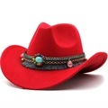 Chapeau de cowboy rouge en feutre de laine avec bande ethnique et pierre turquoise - Rouge