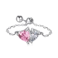 S925 silver chain ring with pink and clear heart-shaped crystals in adjustable design - Double Pink Heart Chain (DY120869)