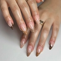 Glossy almond press-on nails with brown and white swirl French tips on light pink base - Swirl French Almond (JP3333) - Glue Style