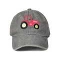 Cappellino in cotone lavato grigio per bambini e adulti con ricamo di trattore rosso - Regolabile / Grigio con trattore rosso dettagliato