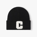 Black knitted beanie with a white plush C letter embroidery and folded cuff style - Black