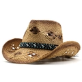 Brown woven cowboy straw hat with ethnic bead band and wide brim for sun protection - Khaki Coffee