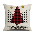 Linen Christmas pillowcase featuring red and black plaid trees with Merry Christmas text - Beige Three Plaid Trees/22YM13-23