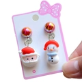 Close-up of cute Santa Claus and snowman clip-on earrings for kids on a pink card - 8# Asymmetric Santa & Snowman B / Clip-on Earrings Pair