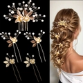 5-piece gold leaf hair pins and comb set with pearls and crystals for bridal wedding - Gold Leaf + Clear Crystal (Set of 5)
