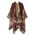 Detail of burgundy and khaki knit shawl showing intricate equestrian jacquard patterns - One Size / Deer - Jujube Red