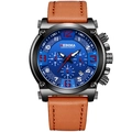 Montre chronographe pour homme avec cadran bleu, boîtier noir et bracelet en cuir brun - Bracelet Marron Boîtier Noir Cadran Bleu
