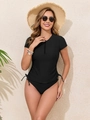 Women's black two-piece sporty tankini set with short sleeves and front zipper detail - S / Black