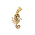 Golden seahorse pendant with colorful zircons and rectangular crystals on white backdrop - Multi-color Seahorse
