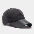 Detail of gray washed canvas cap with a black leather visor and vintage textures - Adjustable / Black