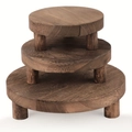 Soporte de exhibición redondo de tres niveles en madera de nogal con veta natural - Color de madera quemada intensa Juego