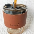 Bamboo shaped glass coffee cup with brown leather sleeve and amber straw - Short Set with Brown Leather Sleeve (Amber)