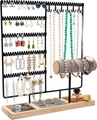 Detail of metal jewelry organizer with wooden base showing earring holes and ring slots - 35*29.5*9.5cm / Black