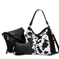 Three-piece set including cow print tote bag, black crossbody, and small coin purse with gold zipper - 3-Piece Set Black Cow Print Type C