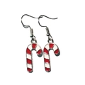 Detail of candy cane Christmas earrings with red and white enamel stripes and gold ear hooks - Red White Striped Candy Cane
