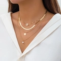 Layered gold necklace featuring a snake chain, pearl flower, and metal coin pendant - Gold (Pearl Flower)