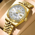Elegant men's gold steel watch with silver dial, diamond markers, and calendar display - Full Gold with White Dial (EU Standard Butterfly Buckle)