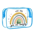Transparent PVC cosmetic bag with blue zipper and rainbow motif for travel storage - 089-3D Rainbow Amazing