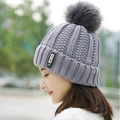Winter knitted beanie in light grey with dark pom-pom and letter B patch detail - Hat Only / Gray