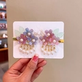 A pair of purple and pink gradient floral hair clips with white pearl tassels and gold base - Radiant Purple Blue Clips