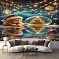 Detailansicht eines Weihnachtswandteppichs mit Katze und Lichterkette an einer Wohnzimmerwand - 300x230cm / Weihnachtliche Orange Katze
