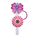 Pink and purple silicone butterfly and flower straw topper for 8mm reusable glass straws - Pink Purple Butterfly Flower