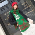 Winter knitted Christmas scarf with green reindeer and tree patterns for holiday gift - Dark Green