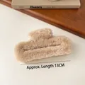 Plush khaki large shark hair claw clip 13cm length in soft faux fur for autumn winter - Light Coffee Square Plush Hair Claw 13cm