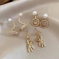 Golden earrings set with three pairs featuring Z-shape, circle and bear designs with pearls - 39# Silver Needle - Gold (6-Piece Set)