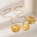 Golden luxury jewelry set featuring round hammered texture pendant necklace and earrings - Hollow Round Hammered Style (E4994-3)