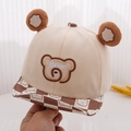 Close-up of baby bear baseball cap with 3D ears and brown checkerboard brim details - 48cm(6-24 Months) / Plaid Double-Ear Bear Khaki