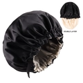 Double layer black and beige satin bonnet with adjustable strap and elastic band - Black