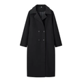 Women's minimalist black wool double-breasted long coat with classic lapel collar - XS / Black
