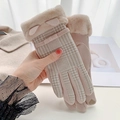 Pink suede winter gloves with houndstooth pattern, plush cuffs, and touchscreen heart tips - One Size / Khaki Houndstooth Touch