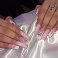 Uñas postizas degradadas rosa y blanco con estrellas de perlas 3D y dijes de Saturno - Estilo Planeta Rosa Degradado Francés (SGCY-205)-Tipo Pegamento