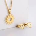 Polished gold stainless steel sunburst pendant necklace and matching stud earrings set - Sun